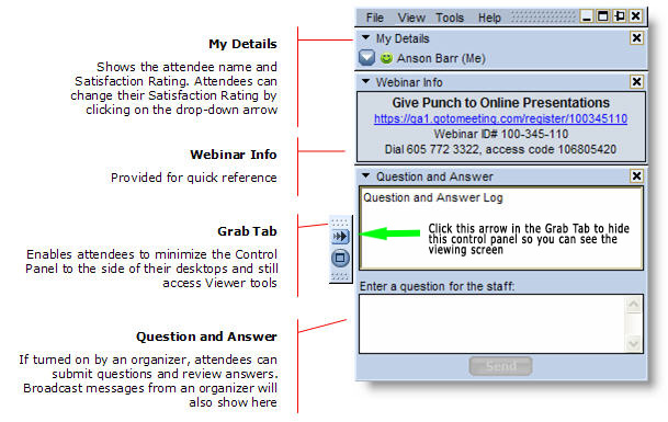 Control panel for Webinar